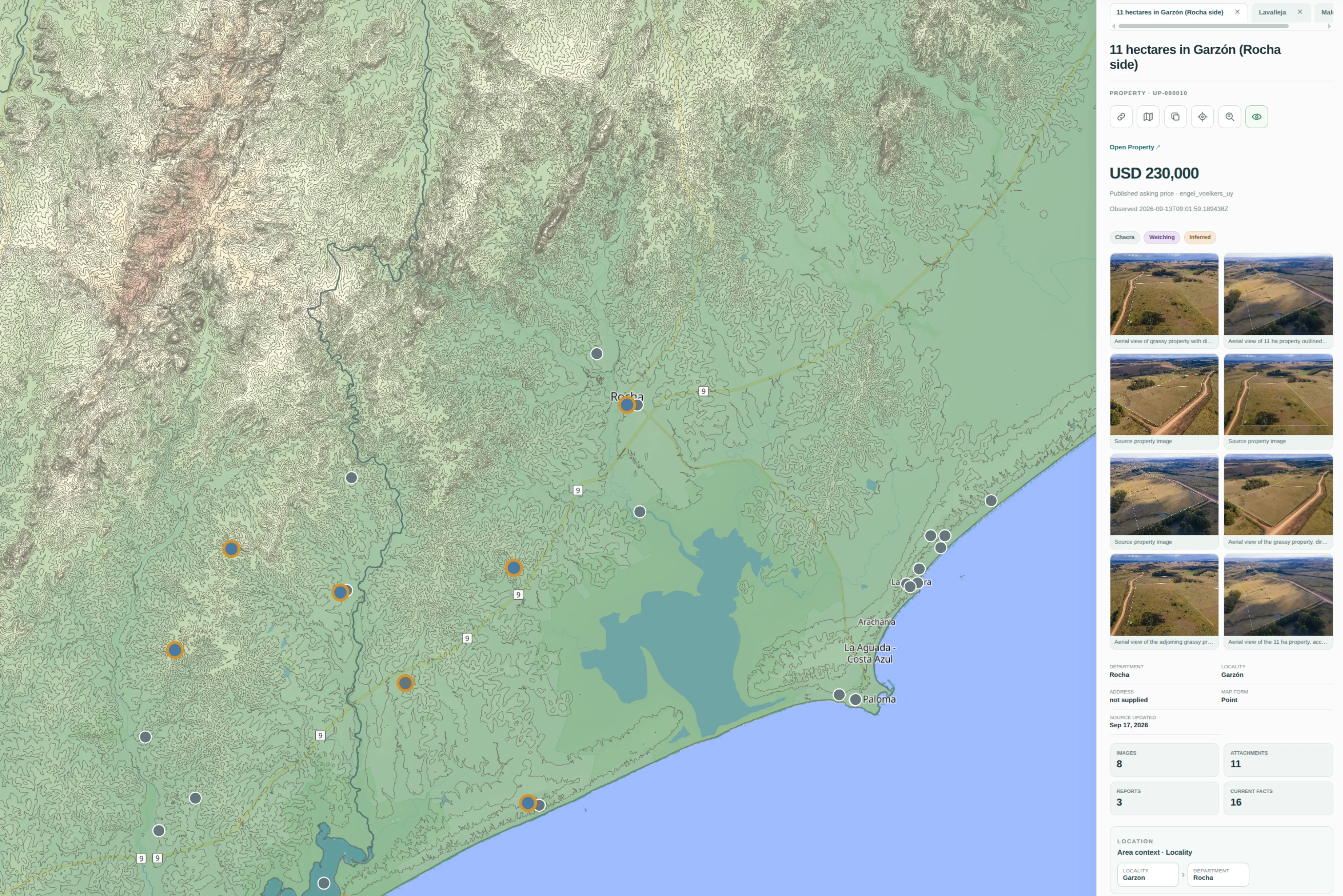 Property Intelligence map showing properties around Rocha, terrain contours and the coastline, alongside details of a property in Garzón.